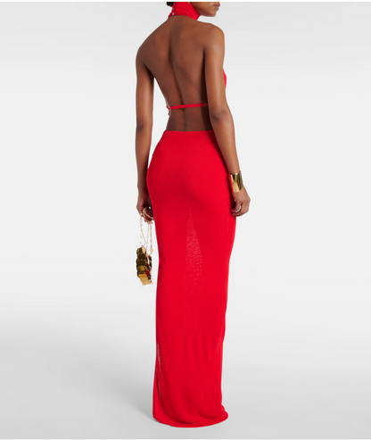 Aya Muse Red Scarf-detail maxi dress