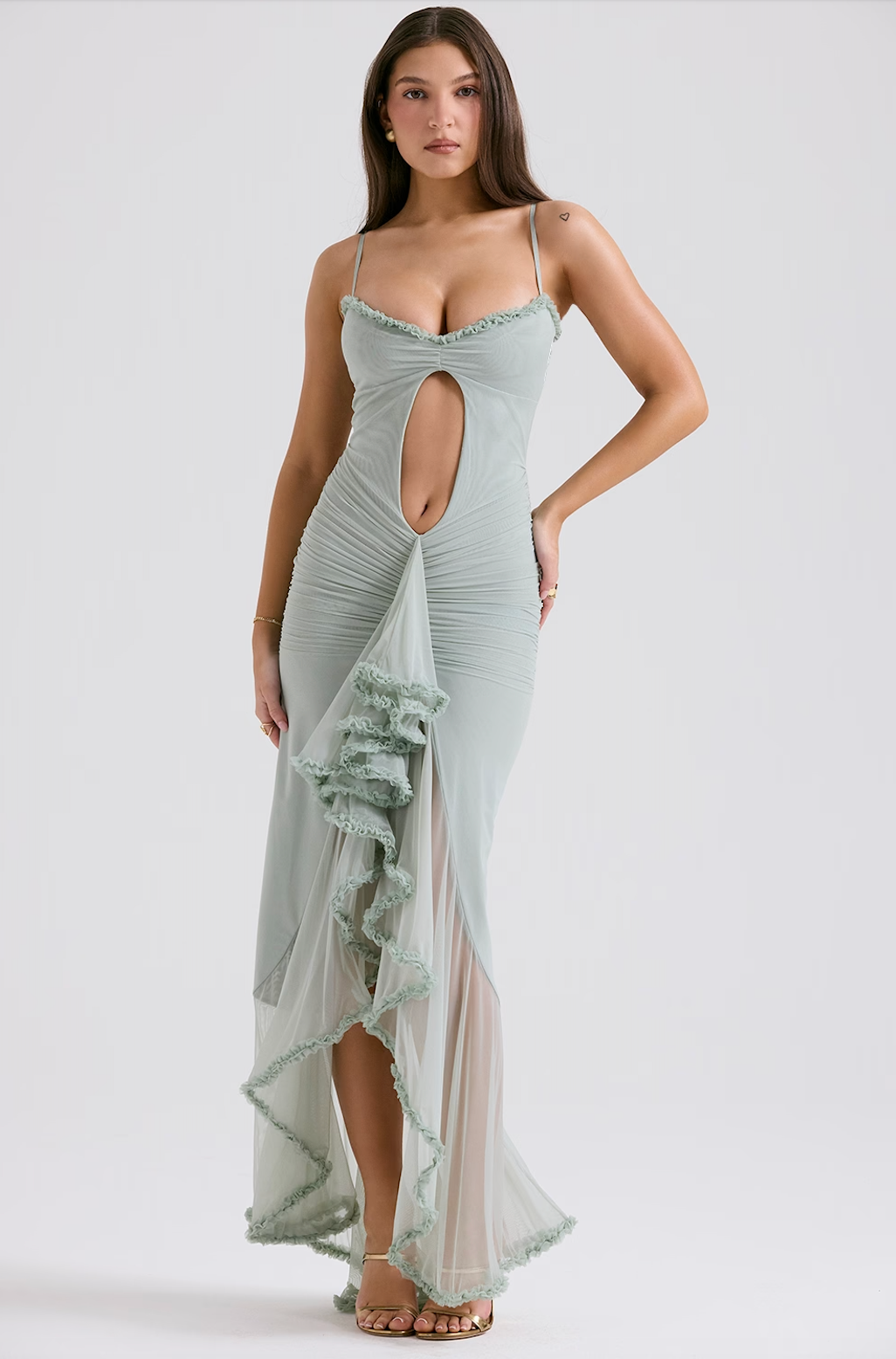 GABRIELLA PISTACHIO RUFFLED FRONT GOWN