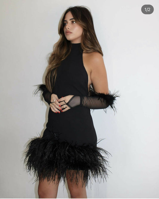 Custom Designed Black feathers mini dress